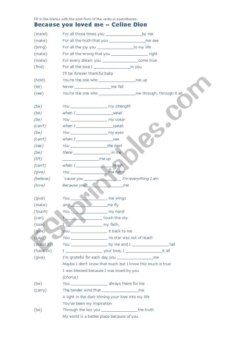 Song Because You Loved Me  worksheet