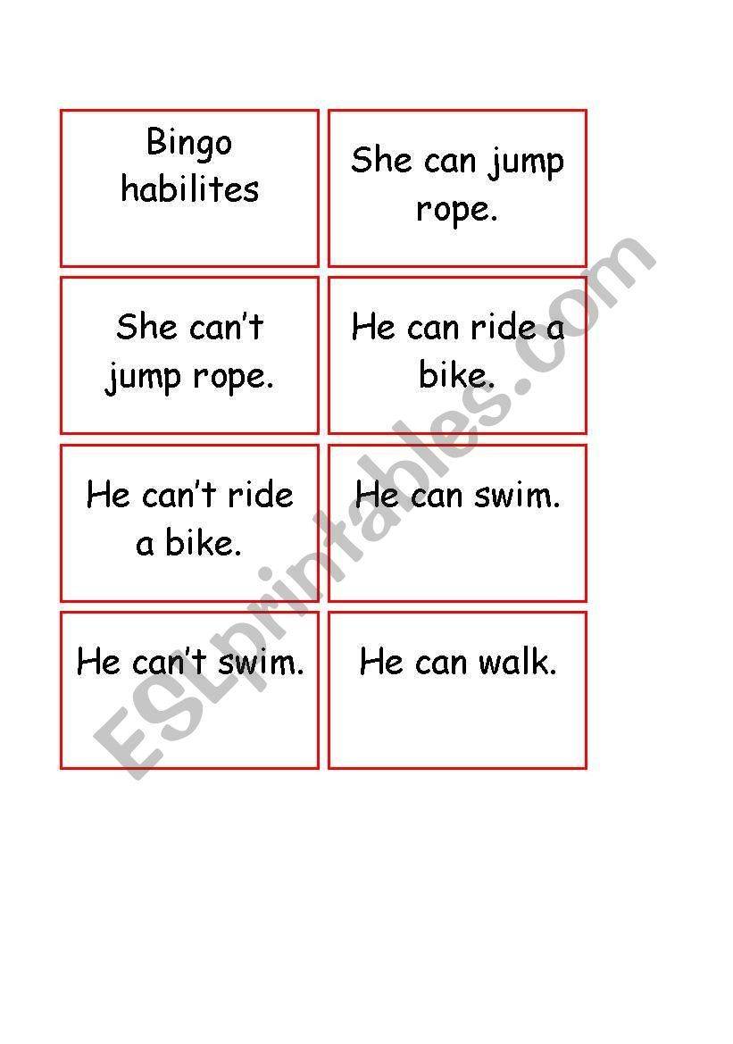 Bingo - can for abilities worksheet