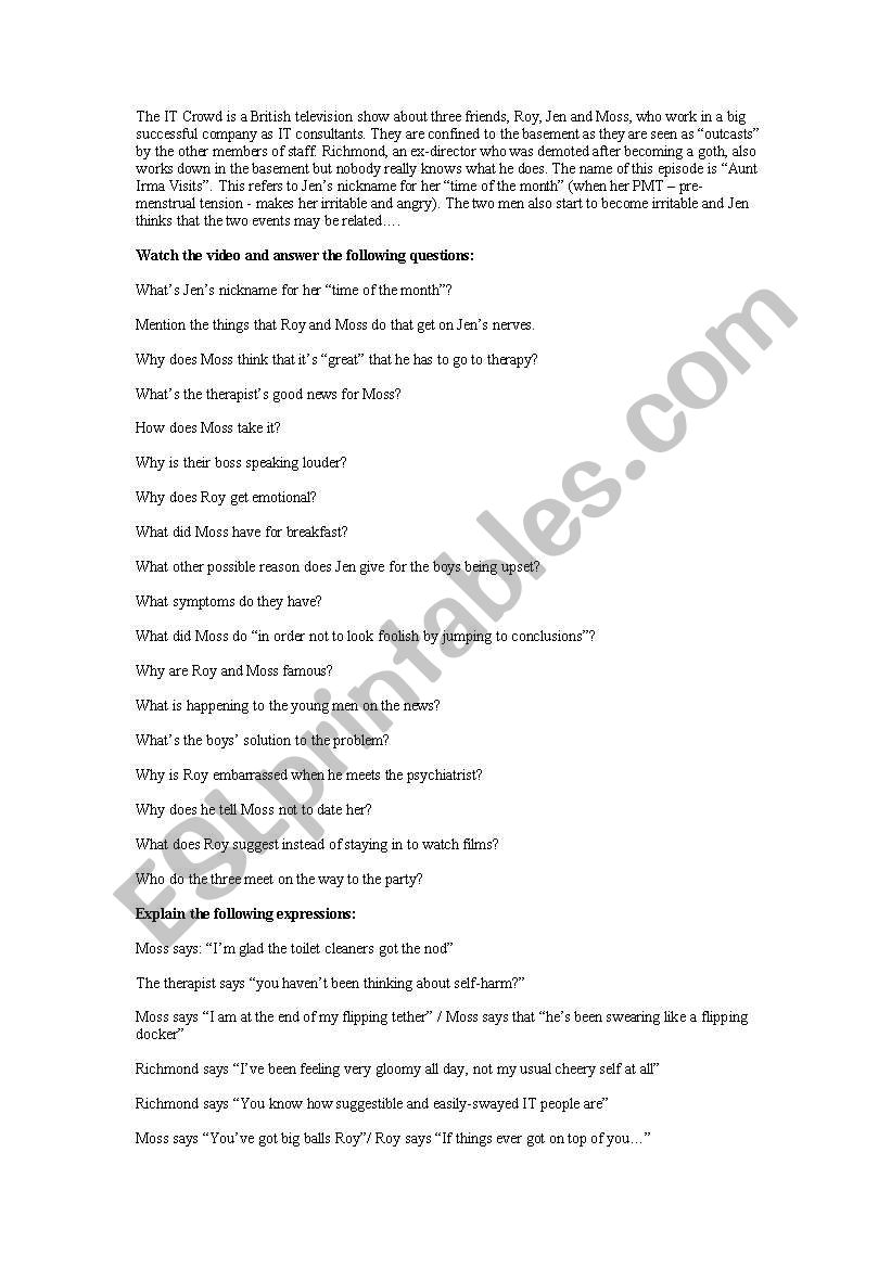 IT Crowd Aunt Irma Episode worksheet
