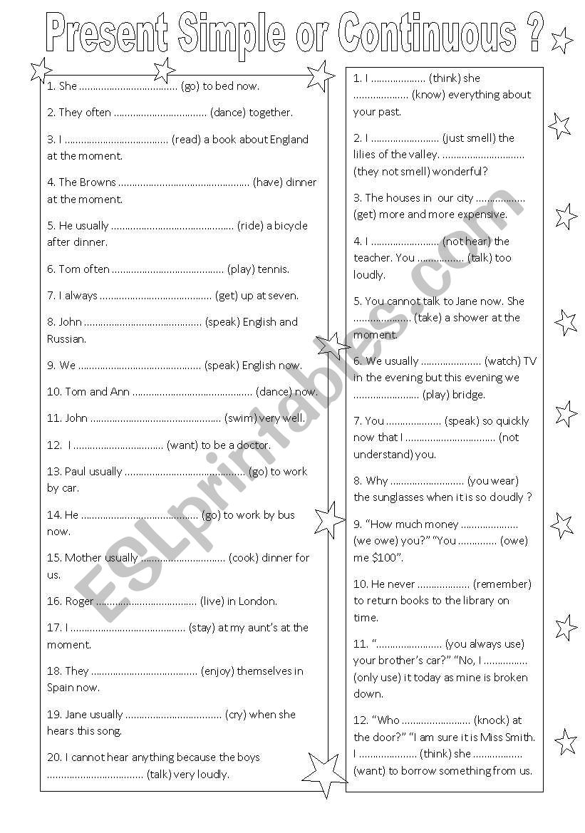 Present Simple or Continuous worksheet