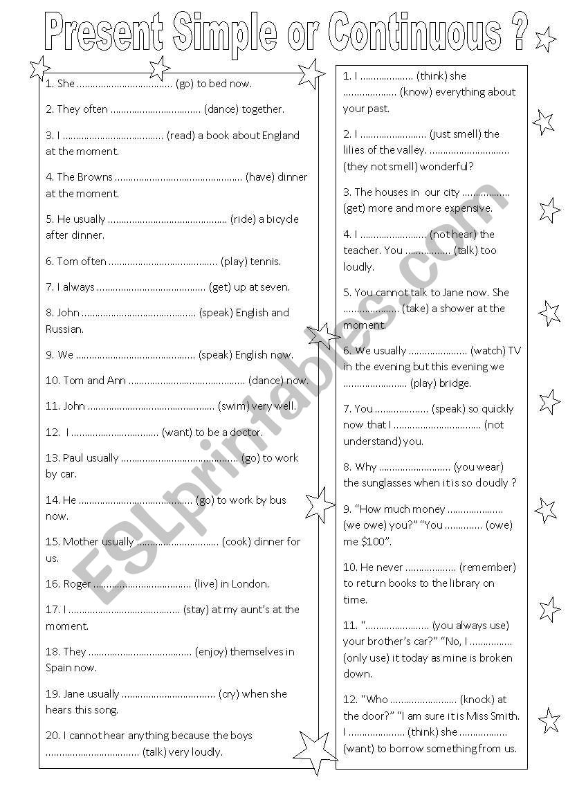 Present Simple or Continuous worksheet