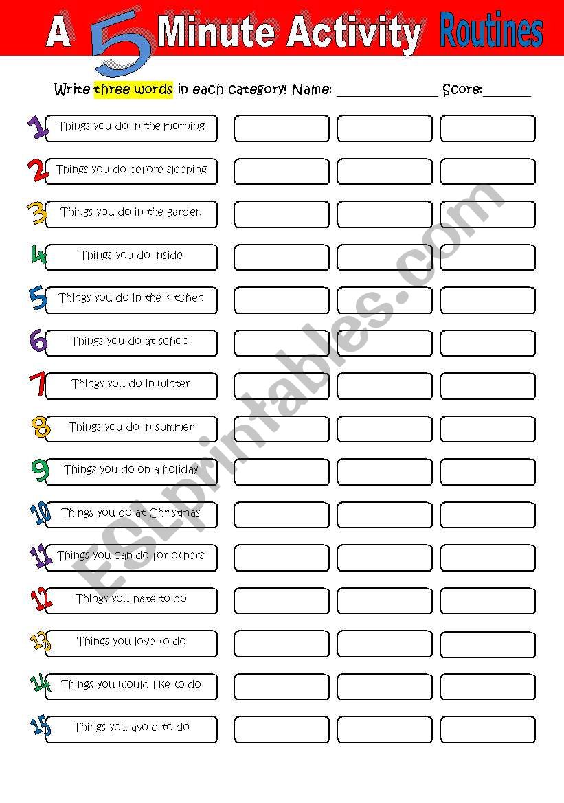 A 5-Minute-Activity Routines worksheet