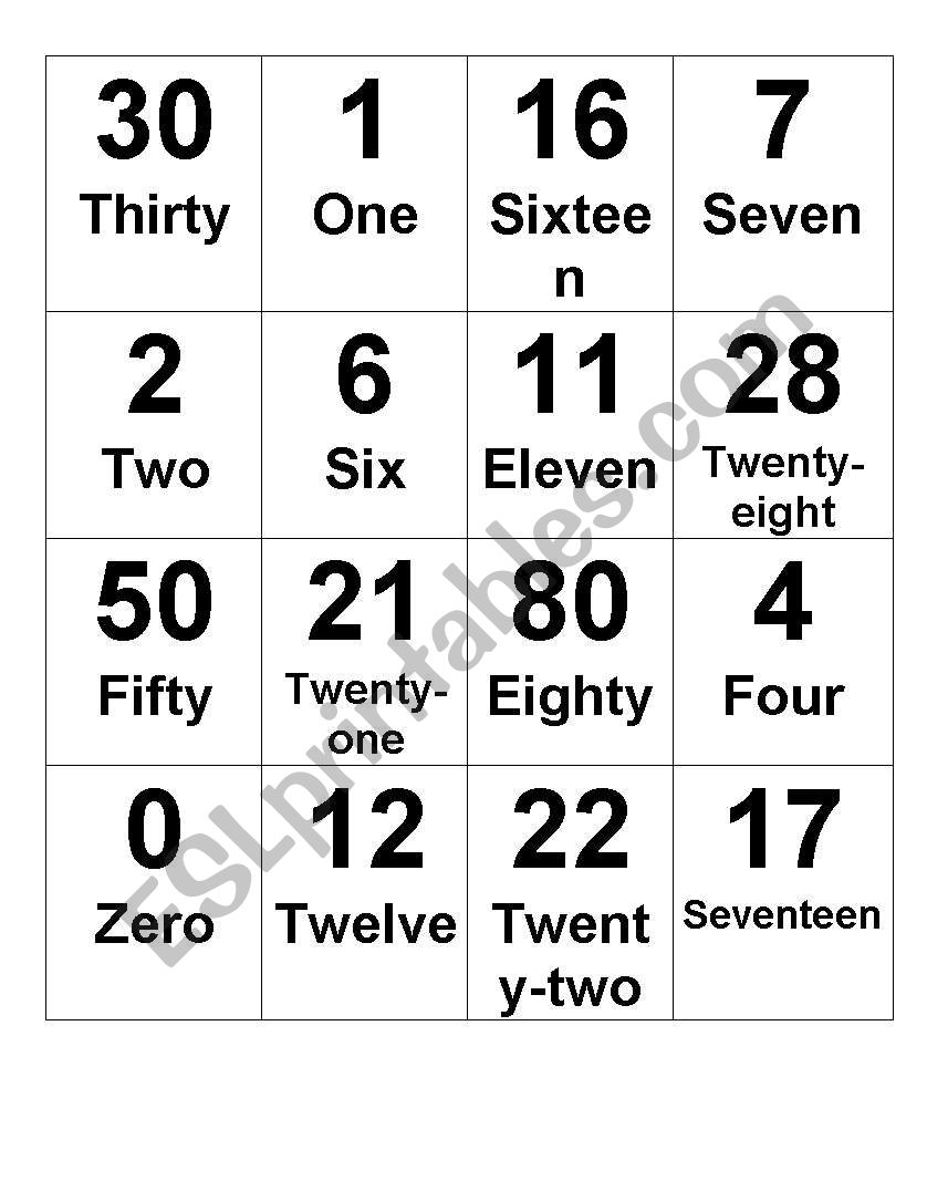 Bingo numbers worksheet