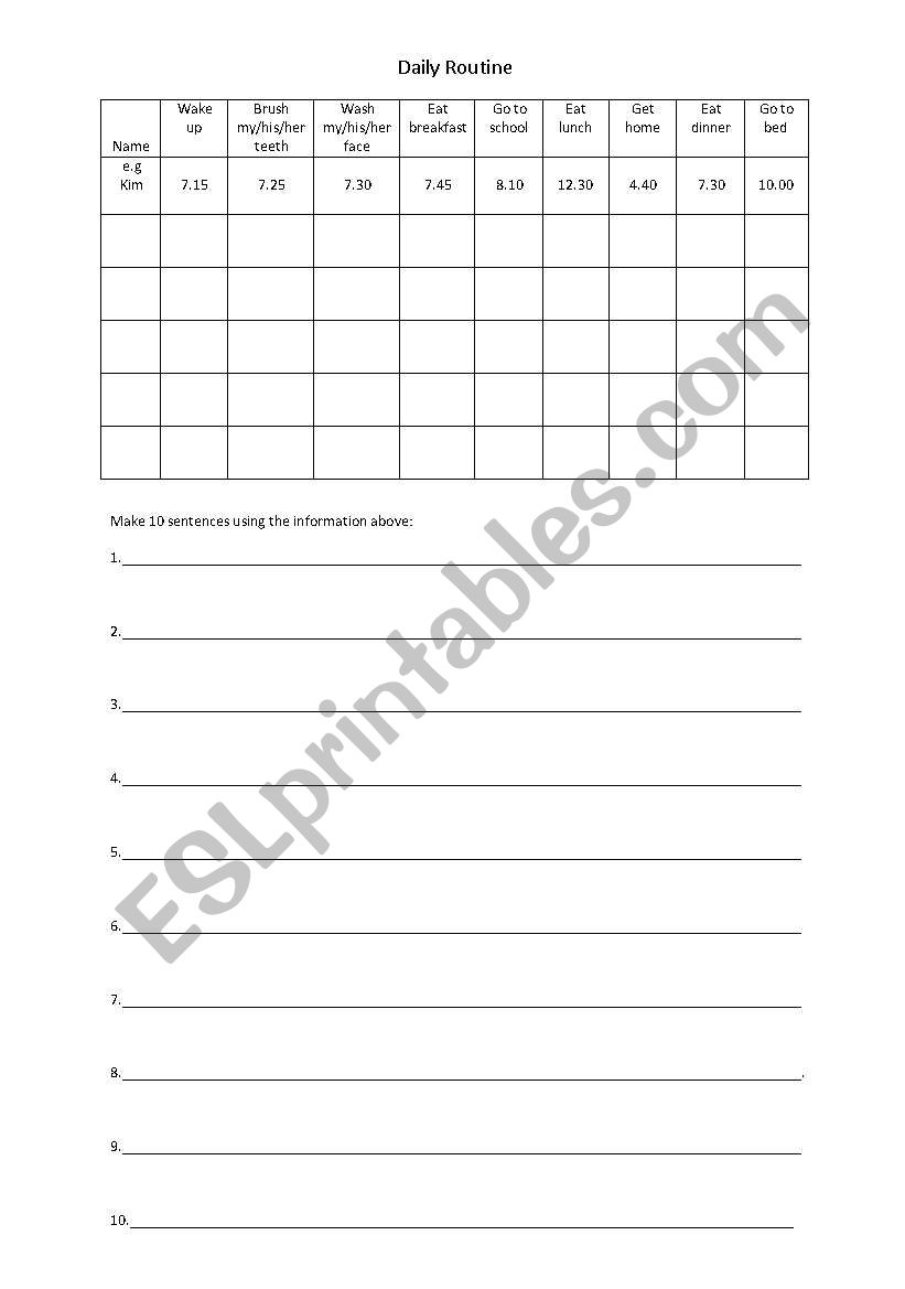 Daily Routine Grid for Listening Speaking Writing
