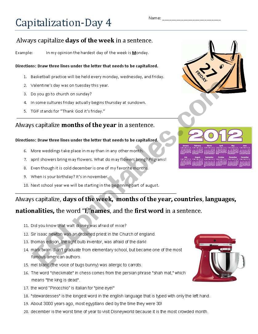 Capitalization: Day 4 worksheet