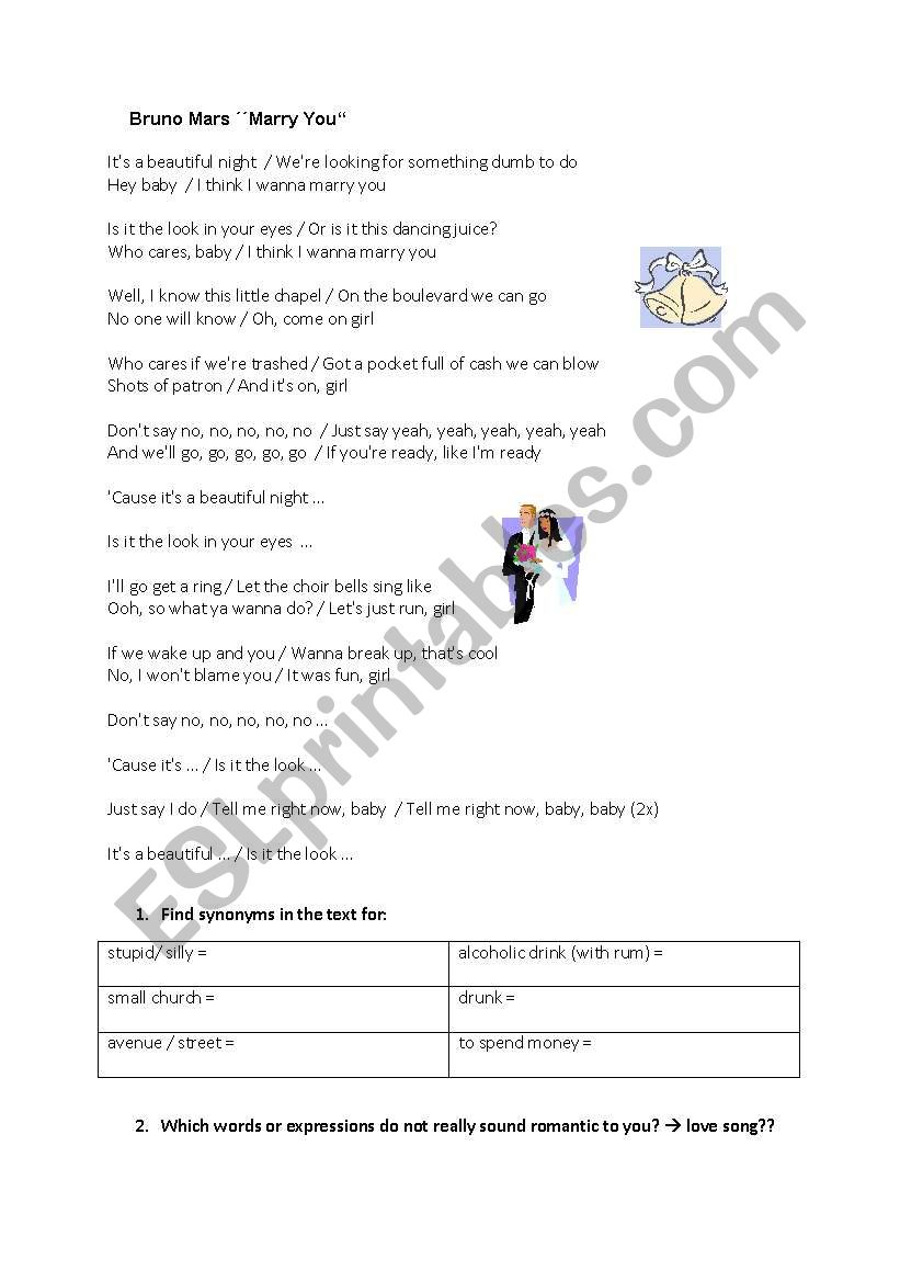 Marry You by Bruno Mars worksheet