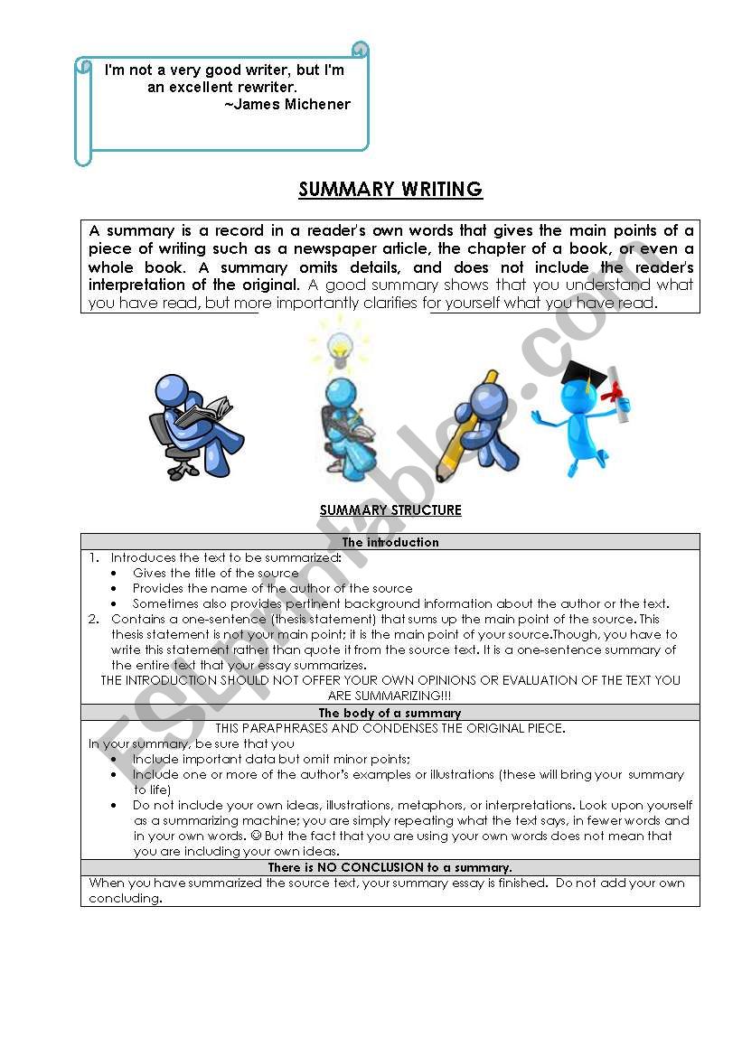 Writing a summary worksheet