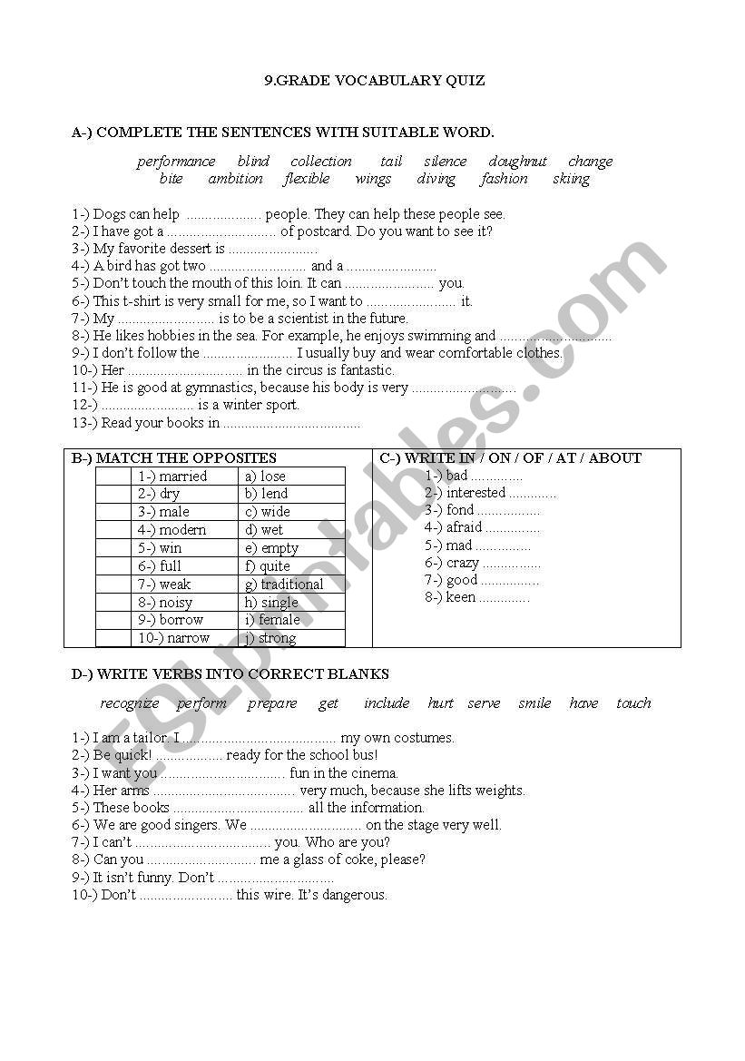 VOCABULARY QUIZ worksheet