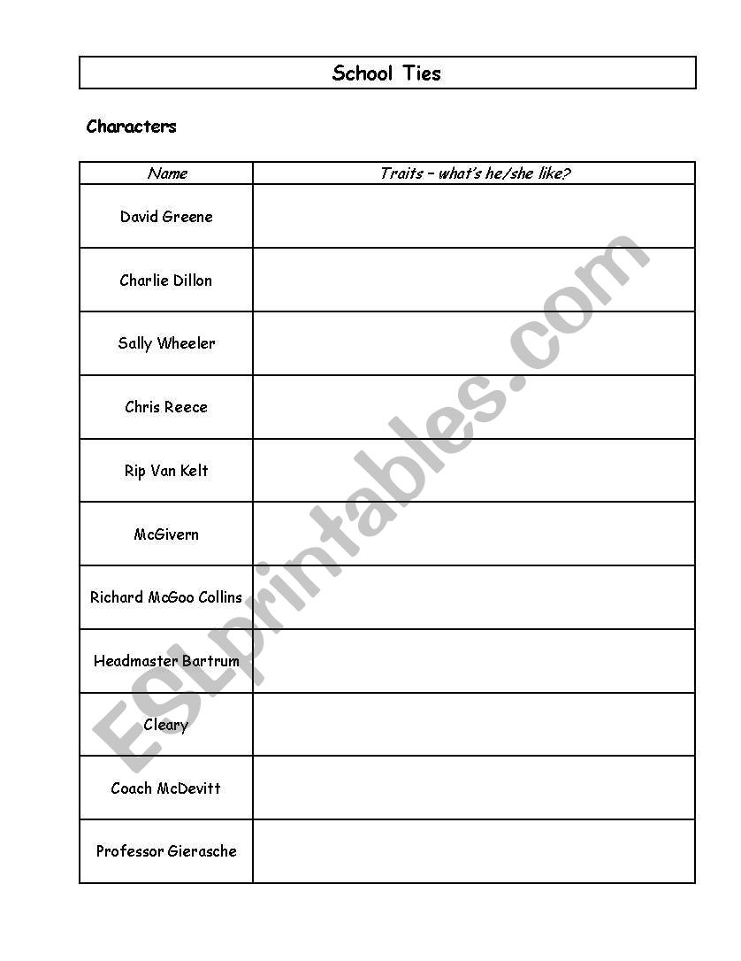 School Ties Movie worksheet