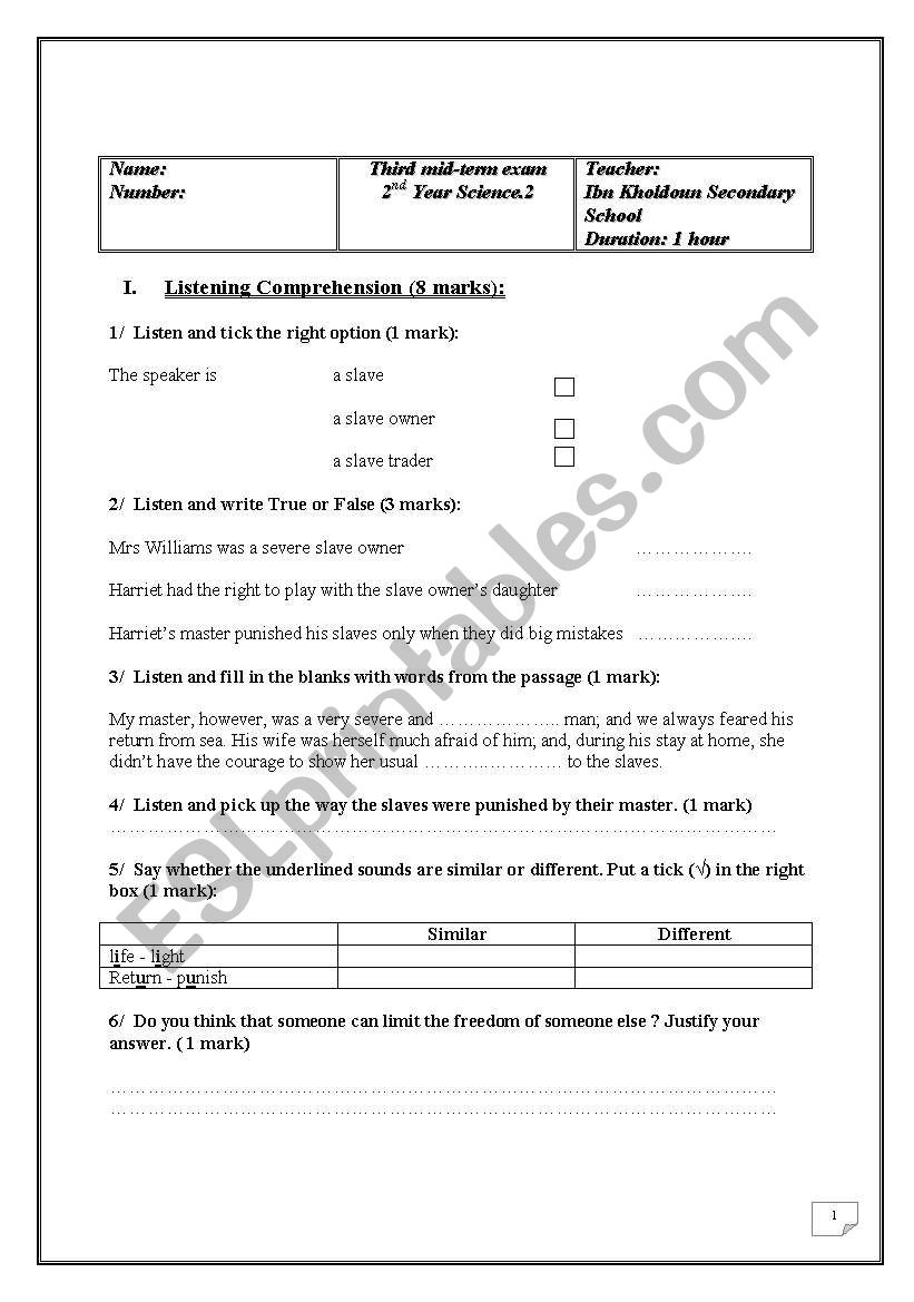 Third mid-term exam 2nd Year  worksheet