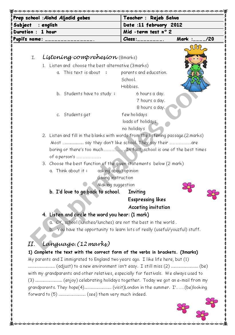 exams worksheet