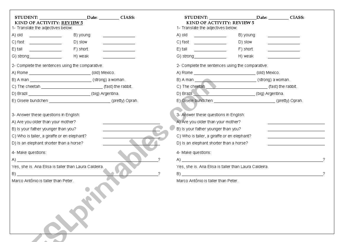 REVIEW 5 8TH GRADE, ADJECTIVES, COMPARATIVE