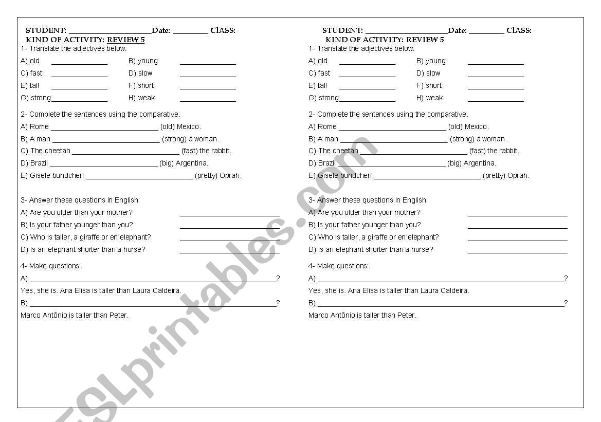 English Worksheets REVIEW 5 8TH GRADE ADJECTIVES COMPARATIVE