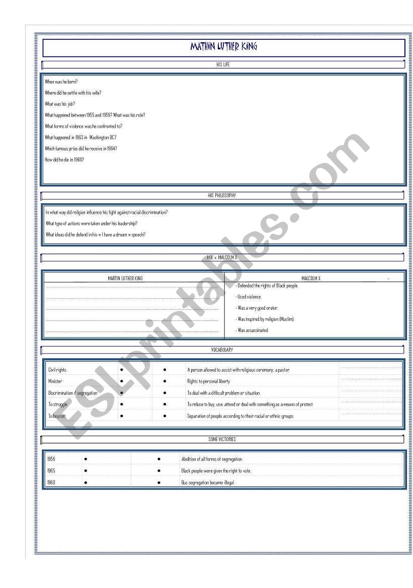 MLK - A biography (questions) worksheet