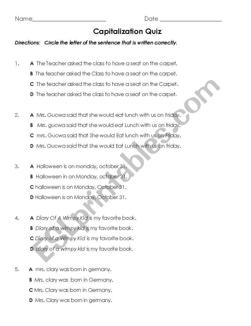 Capitalization Quiz 3rd grade worksheet