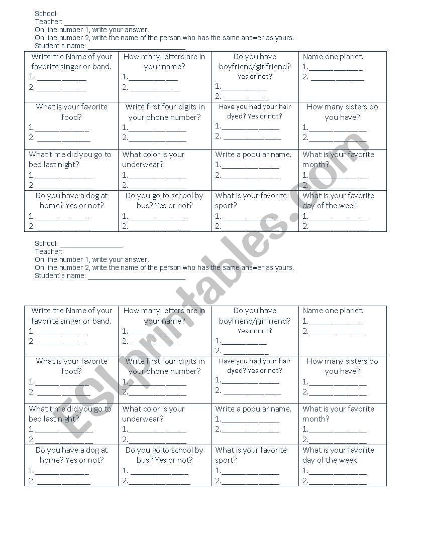 personal information bingo.  worksheet