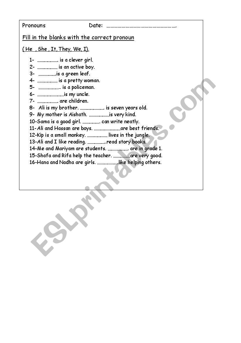 Pronoun worksheet