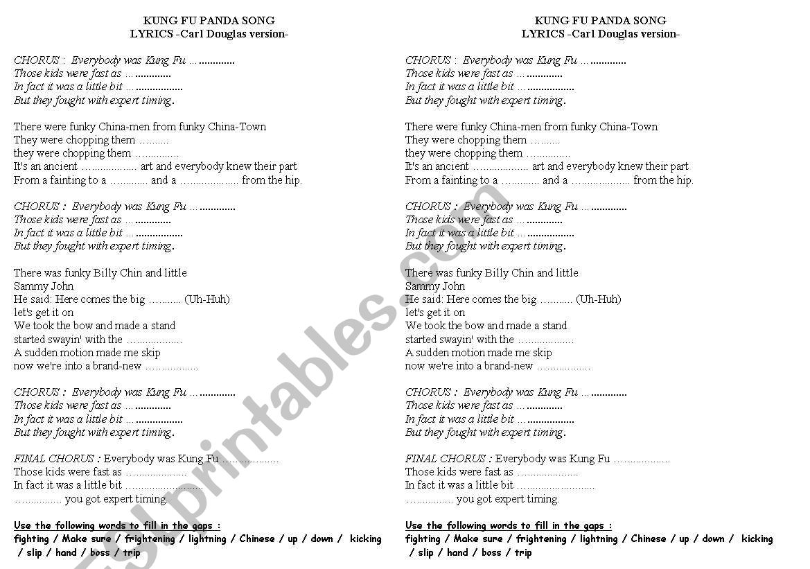 English worksheets: Kung Fu Panda song Everybody was kung fu fighting  Carl Douglas version