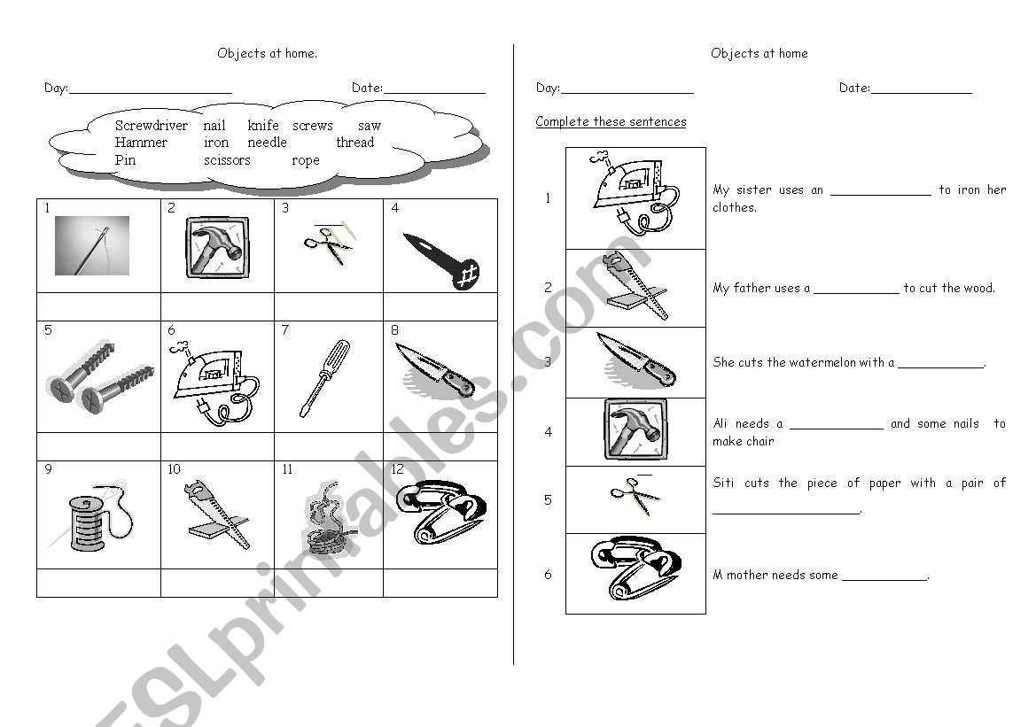 objects at home worksheet