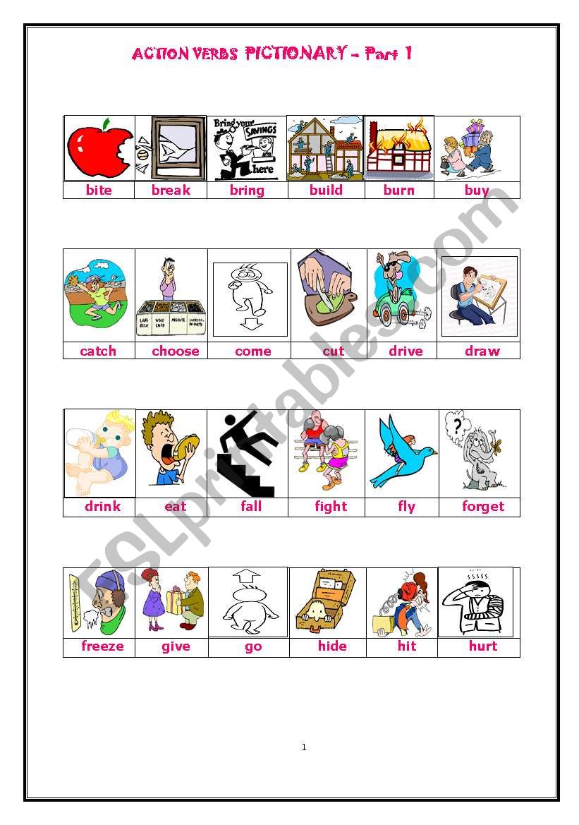 ACTION VERBS PICTIONARY - Page 1 of 3