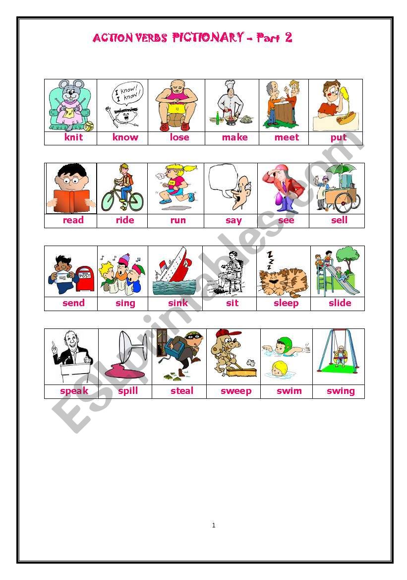 ACTION VERBS PICTIONARY - Page 2 of 3