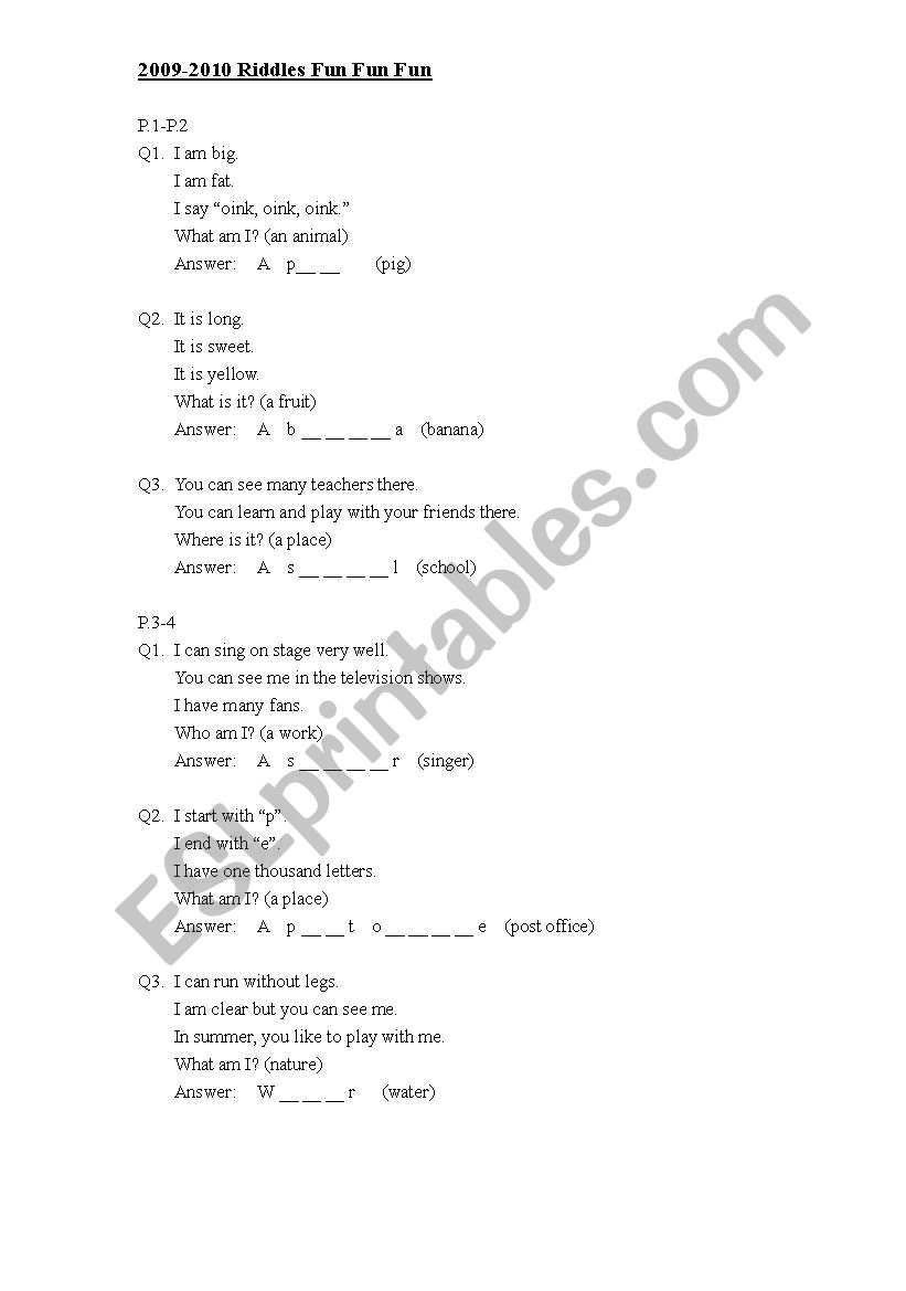 riddles worksheet