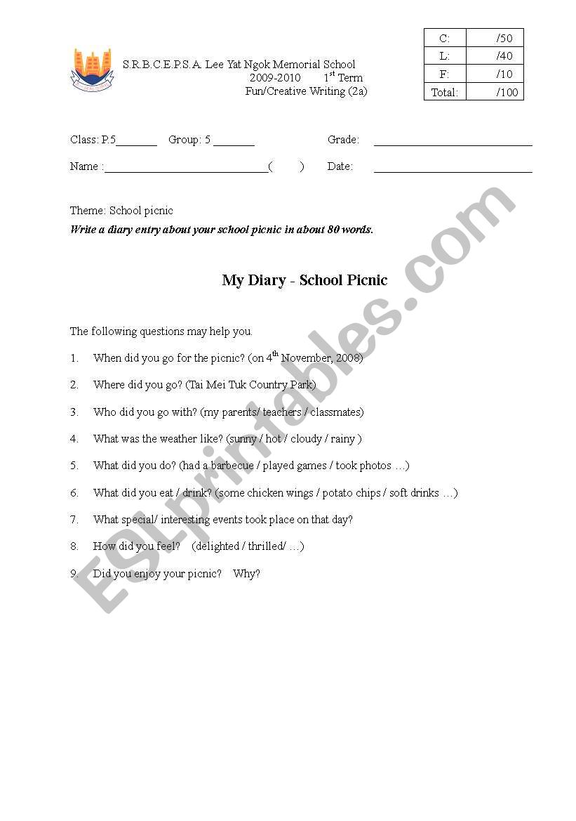 write a diary worksheet