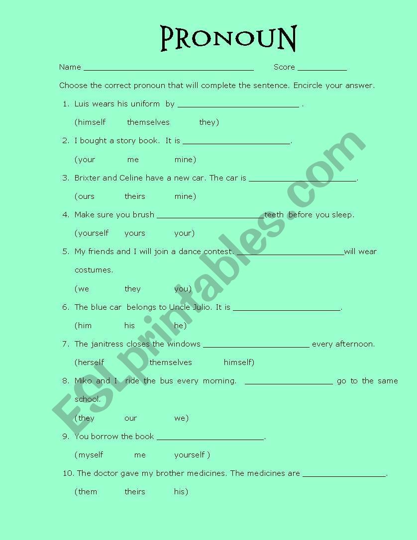 Pronoun WS worksheet