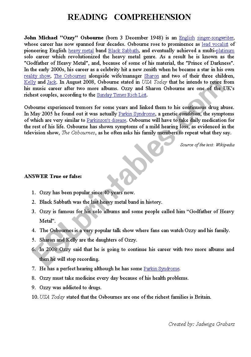 Reading - Ozzy Osbourne worksheet