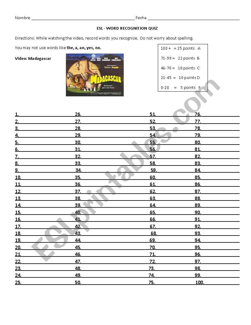 Aural Word Recognition Quiz - Madagascar