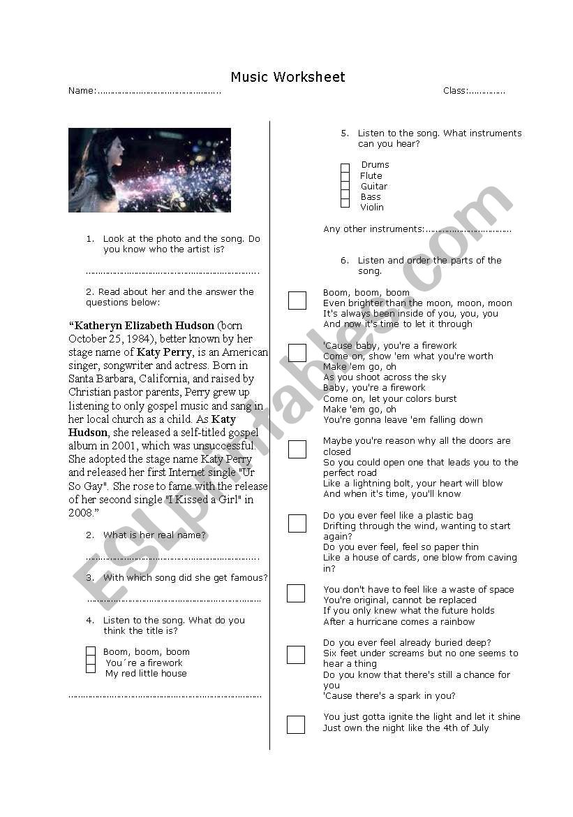 Katy Perry - Firework music worksheet