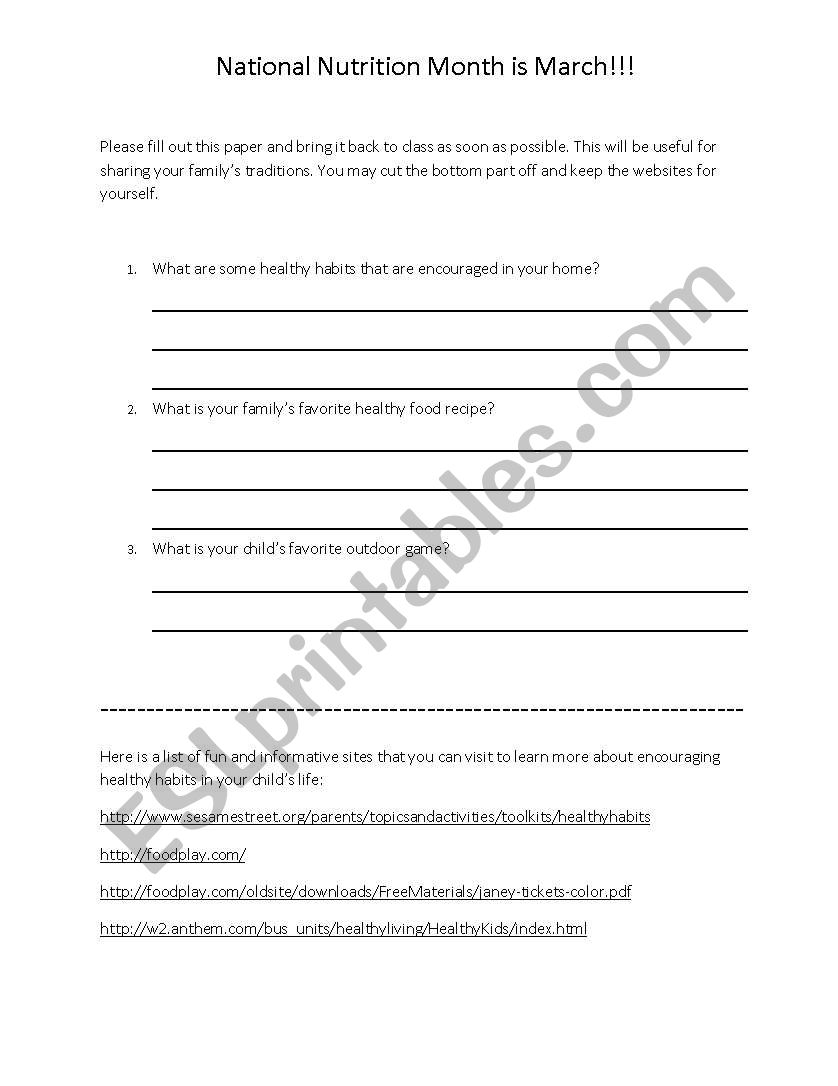 Healthy Habits Form worksheet