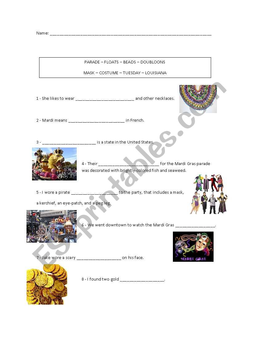 Mardi Gras Vocabulary worksheet