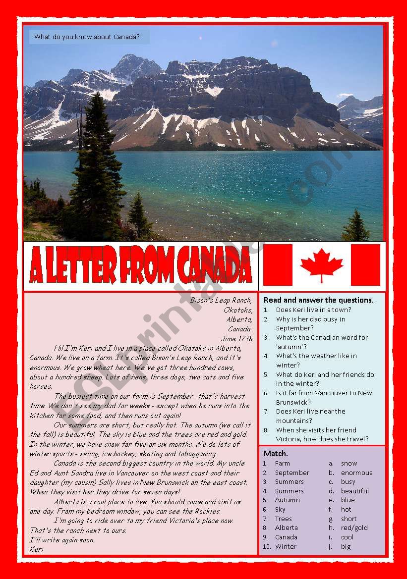 A letter from Canada worksheet