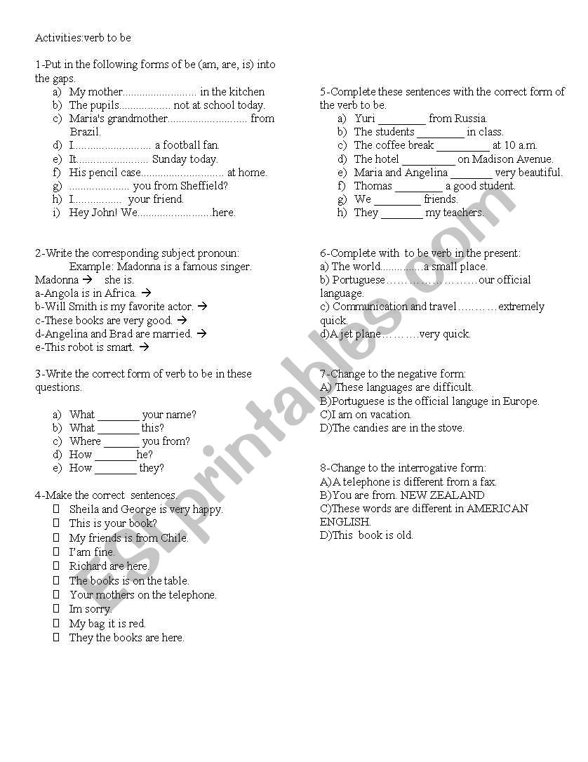 exercises-verb to be  worksheet