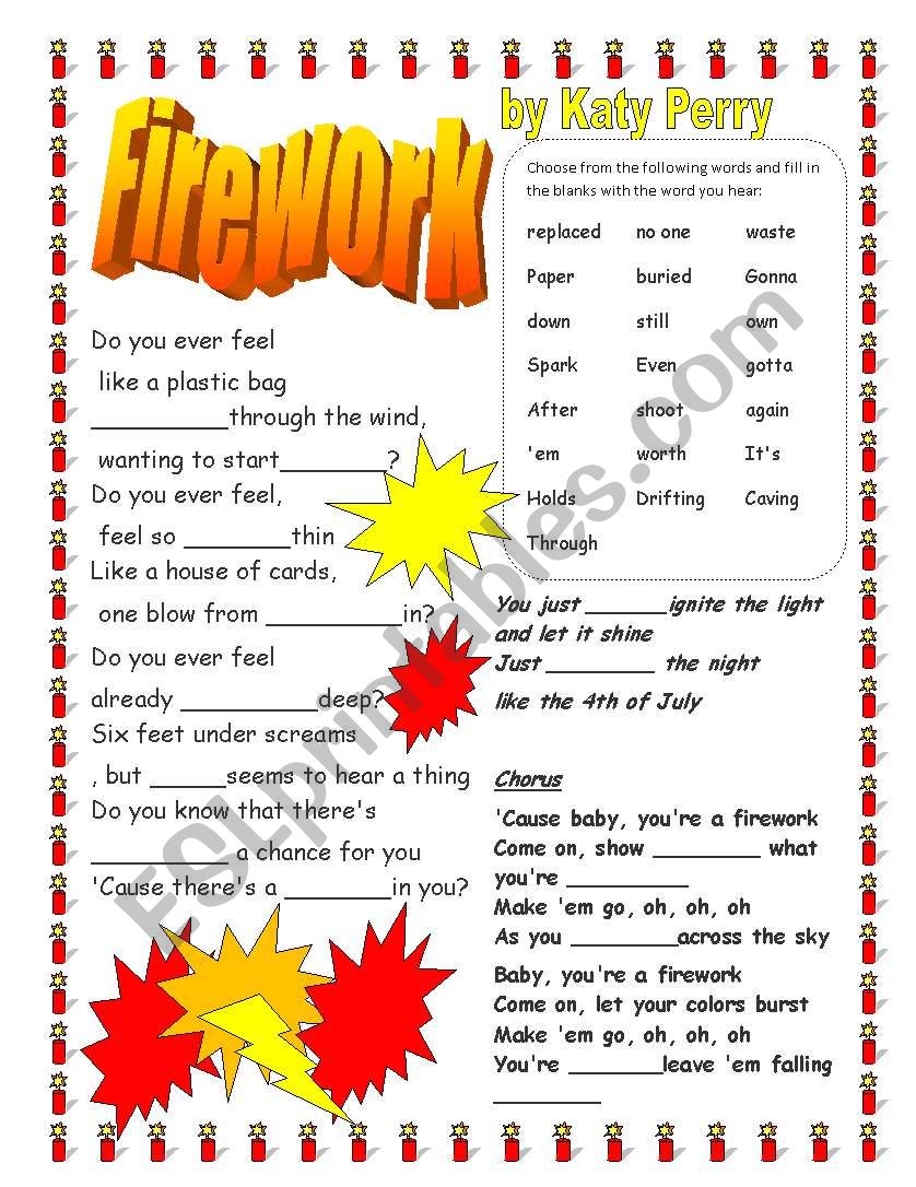 Firework by Katy Perry worksheet