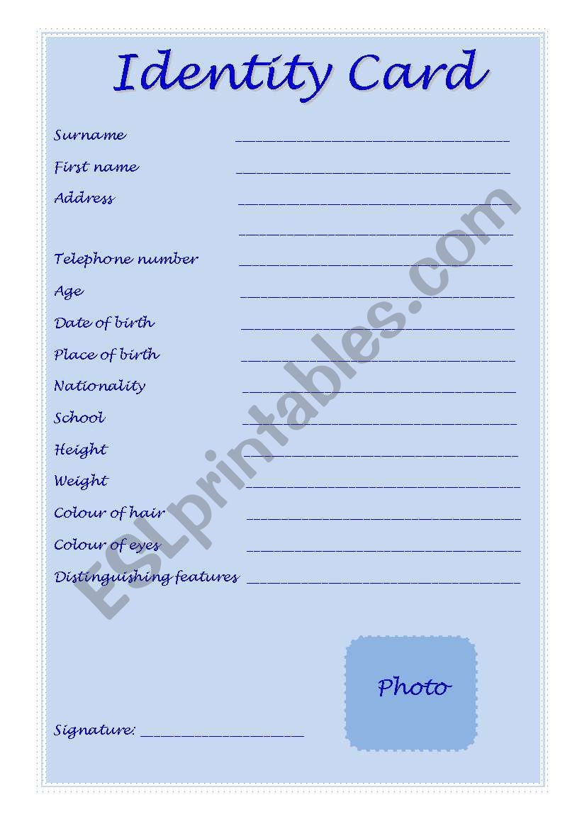 An identity card worksheet