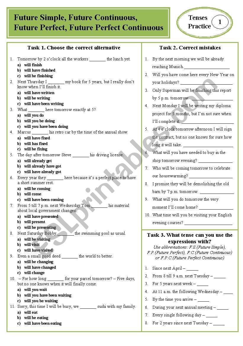 Tenses Practice 01 Future Tenses Future Simple Future Continuous Future Perfect Future Perfect Continuous Esl Worksheet By Renovatio85