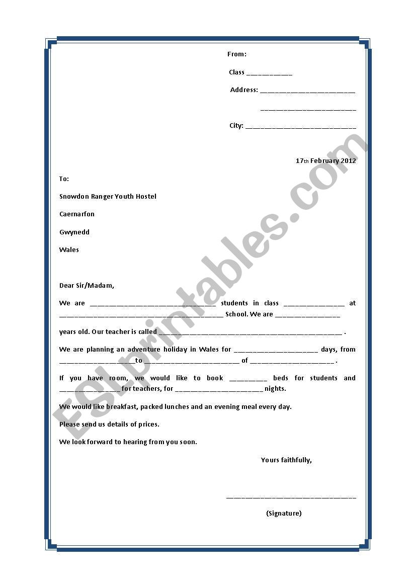 A letter of request worksheet