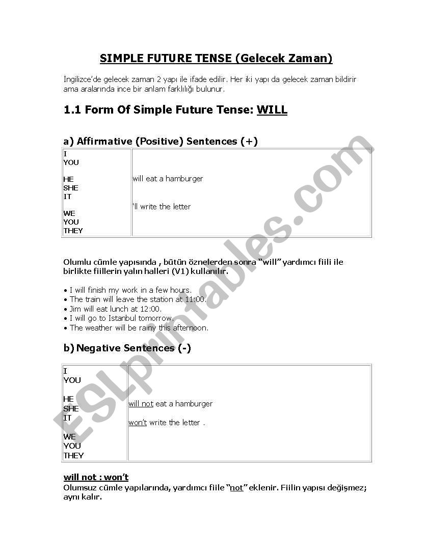 SIMPLE FUTURE TENSE and BE GOING TO - Turkish explanation