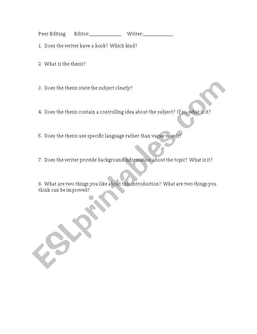 Introduction- Peer editing worksheet