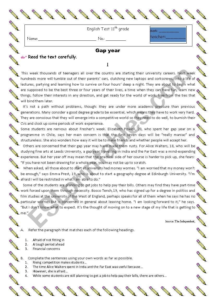 gap year worksheet