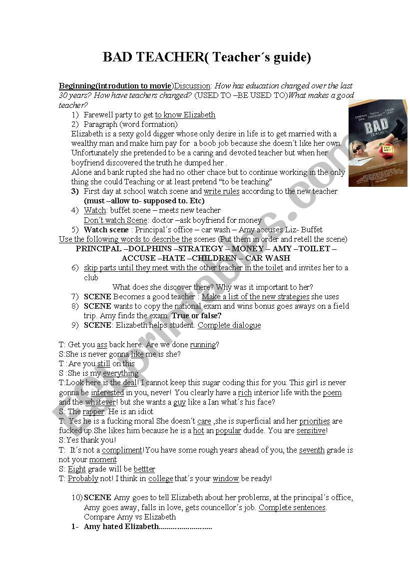 Bad teacher part 1 worksheet