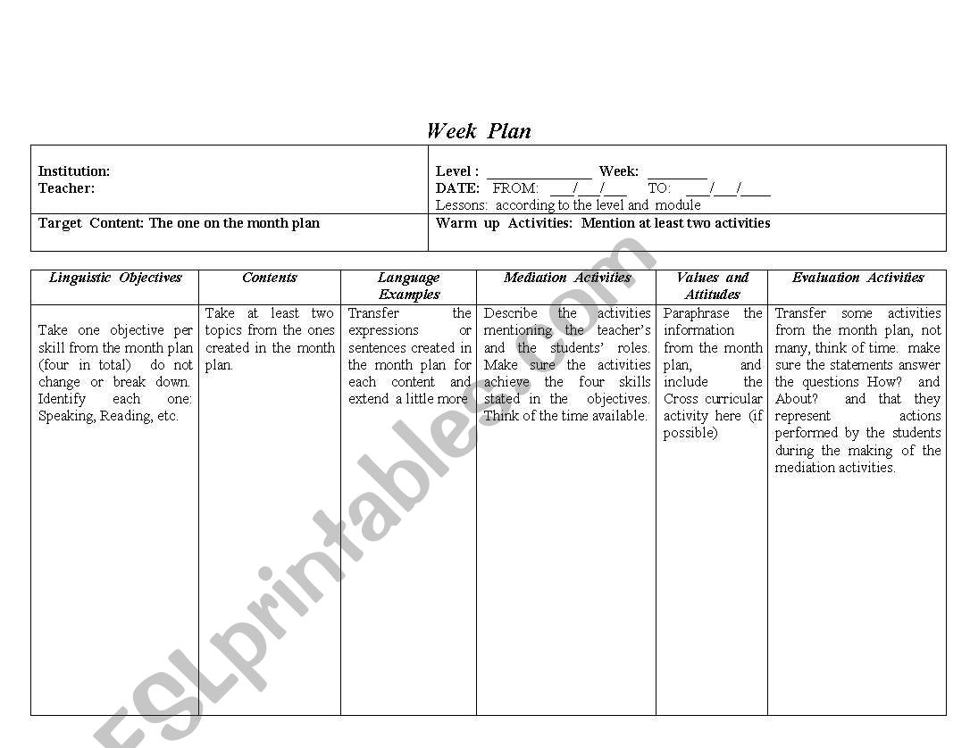 Week plan instructions worksheet