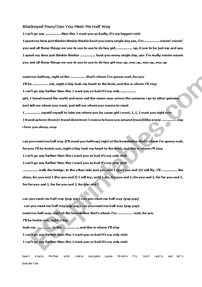 Black Eyed Peas Can You Meet Me Half Way Song Worksheet