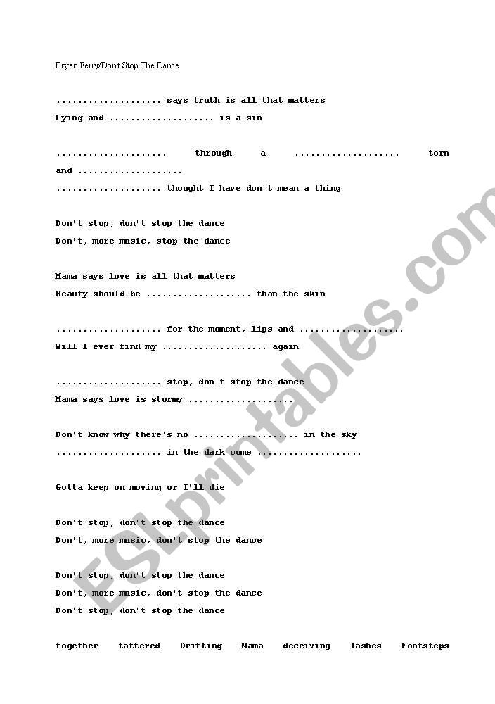 Bryan Ferry Dont Stop The Dance Song Worksheet