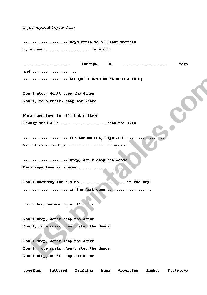 Bryan Ferry Don´t Stop The Dance Song Worksheet