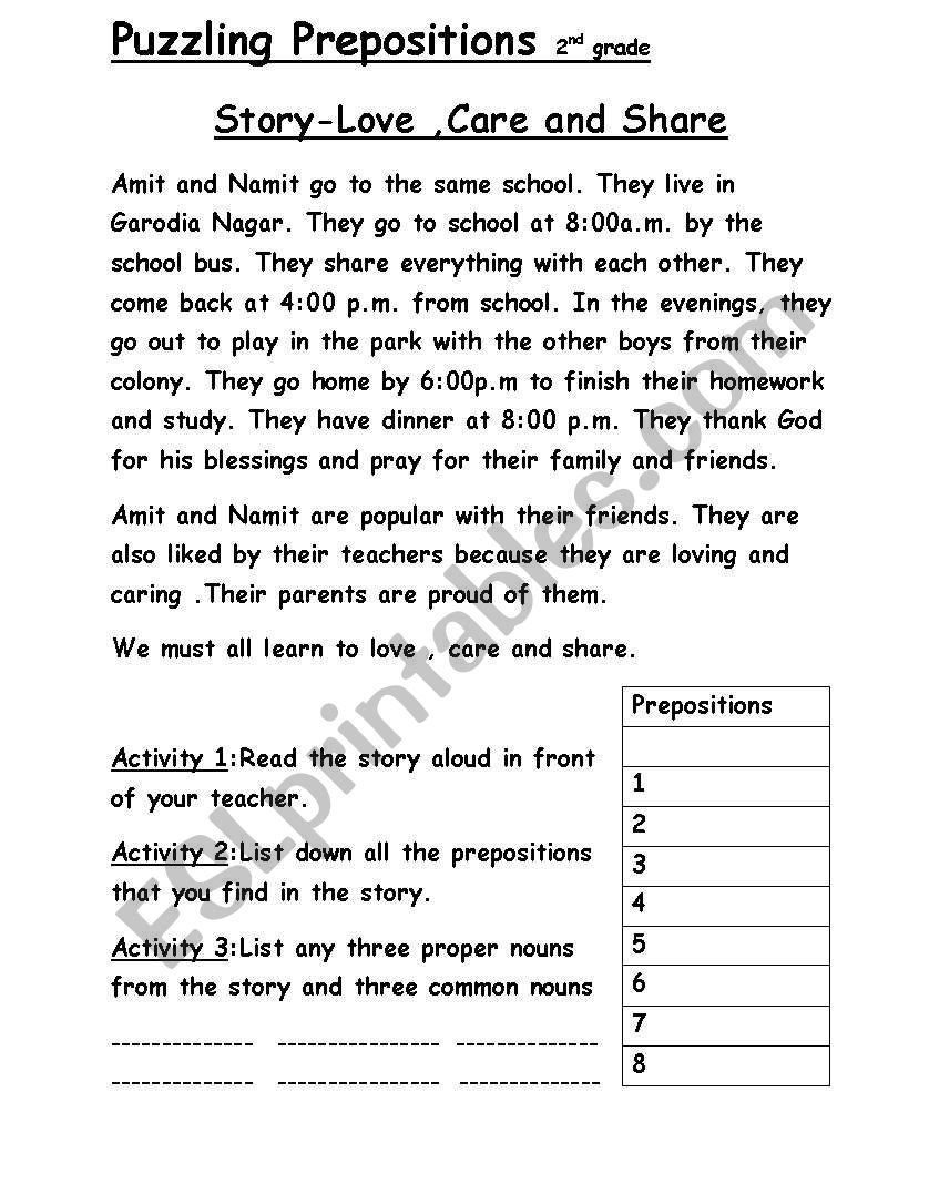 preposition story worksheet