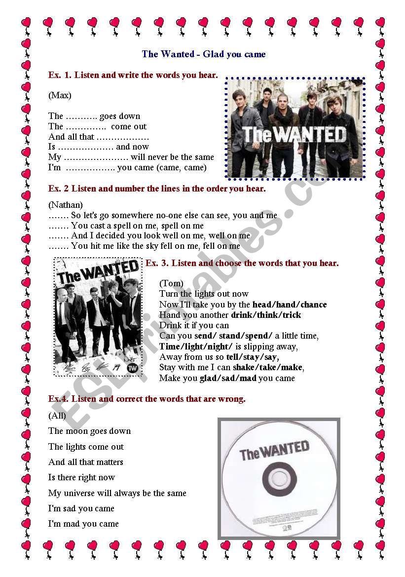 Song-The Wanted-Glad you came worksheet