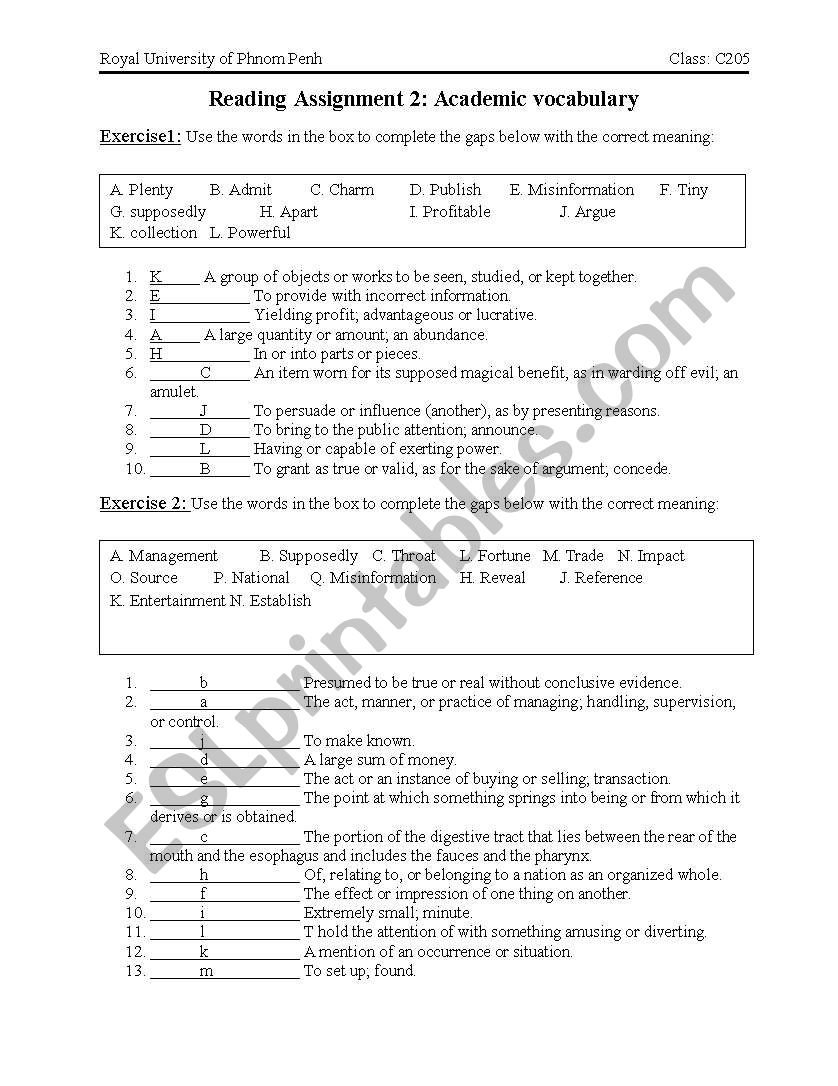 academic vocabulary  worksheet